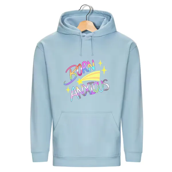 Adult pale blue hoodie with Born Anxious in rainbow colours with a shooting star motif